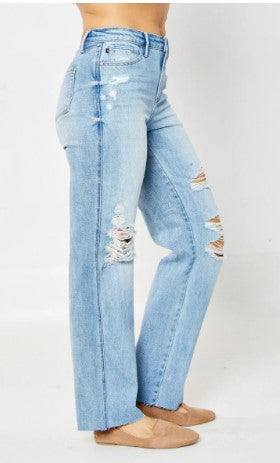 Judy Blue - Sara High Waist Rigid Magic Destroy 90's Rainbow Thread Straight Jeans
