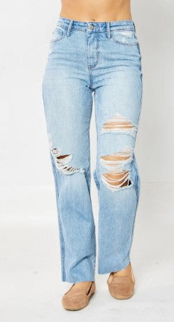 Judy Blue - Sara High Waist Rigid Magic Destroy 90's Rainbow Thread Straight Jeans