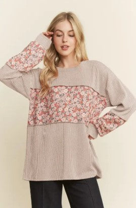 Heimish USA Long Sleeve Urban Ribbed and Floral Top