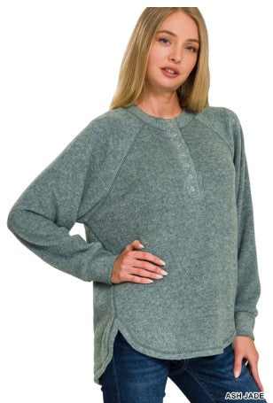 Zenana Brushed Melange Hacci Oversized 7-button Henley Placket Sweater