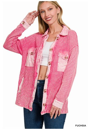 Zenana Cotton Waffle Acid Wash Oversized Shacket
