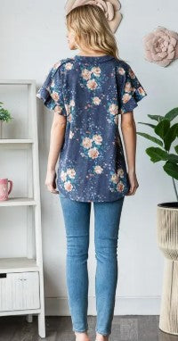 Heimish Short Ruffle Sleeve Floral Urban Ribbed Top