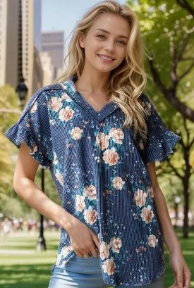 Heimish Short Ruffle Sleeve Floral Urban Ribbed Top