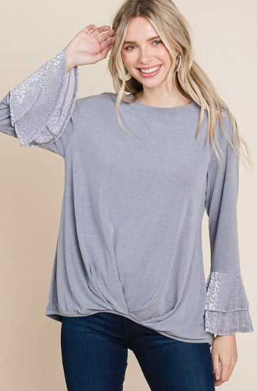 Emerald Collection Gathered Hem Top with Velvet Mesh Sleeves