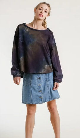 Umgee Tie Dye Round Neck Long Puff Sleeve Top with Raw Edged Detail Round Hem