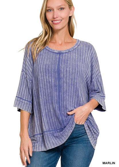 Zenana Ribbed Drop Shoulder Half Sleeve Boat-Neck Top