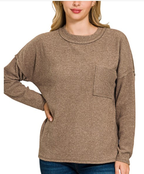 Zenana Ribbed Brushed Melange Hacci Sweater Pocket
