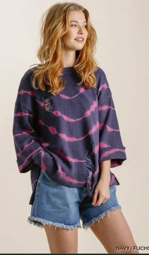 Umgee Tie Dye Round Neck Distressed Detail Pullover Sweater with Side Slits and Ribbed Hem