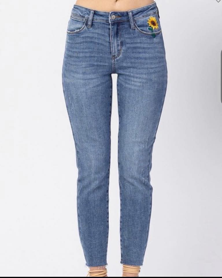 Judy Blue Sally Sunflower Embroidered Girlfriend Jeans
