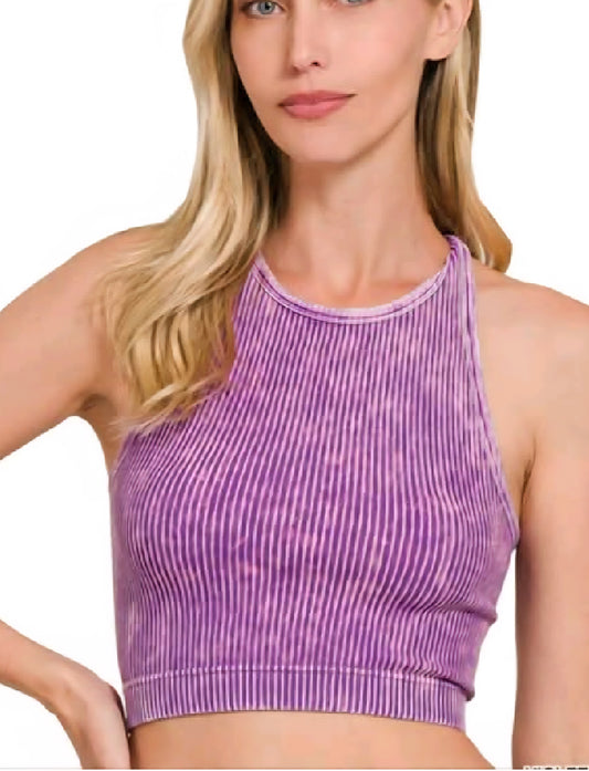 Zenana Washed Ribbed Seamless Racerback Crop Top (Brami) - Brittany