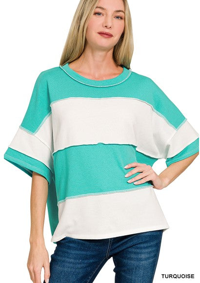 ZENANA FRENCH TERRY COLOR BLOCK EXPOSED SEAM TOP