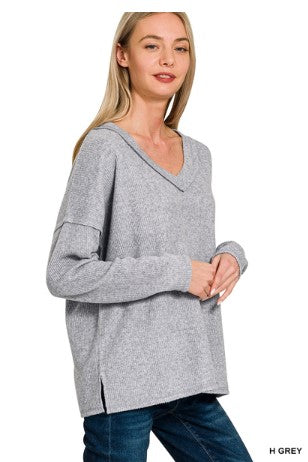 Zenana Ribbed V-Neck Drop Shoulder Top